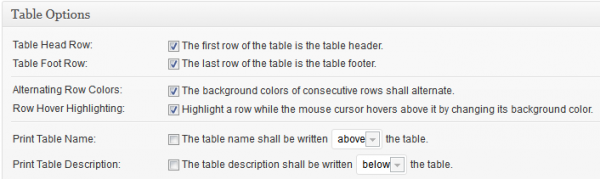 Table Options