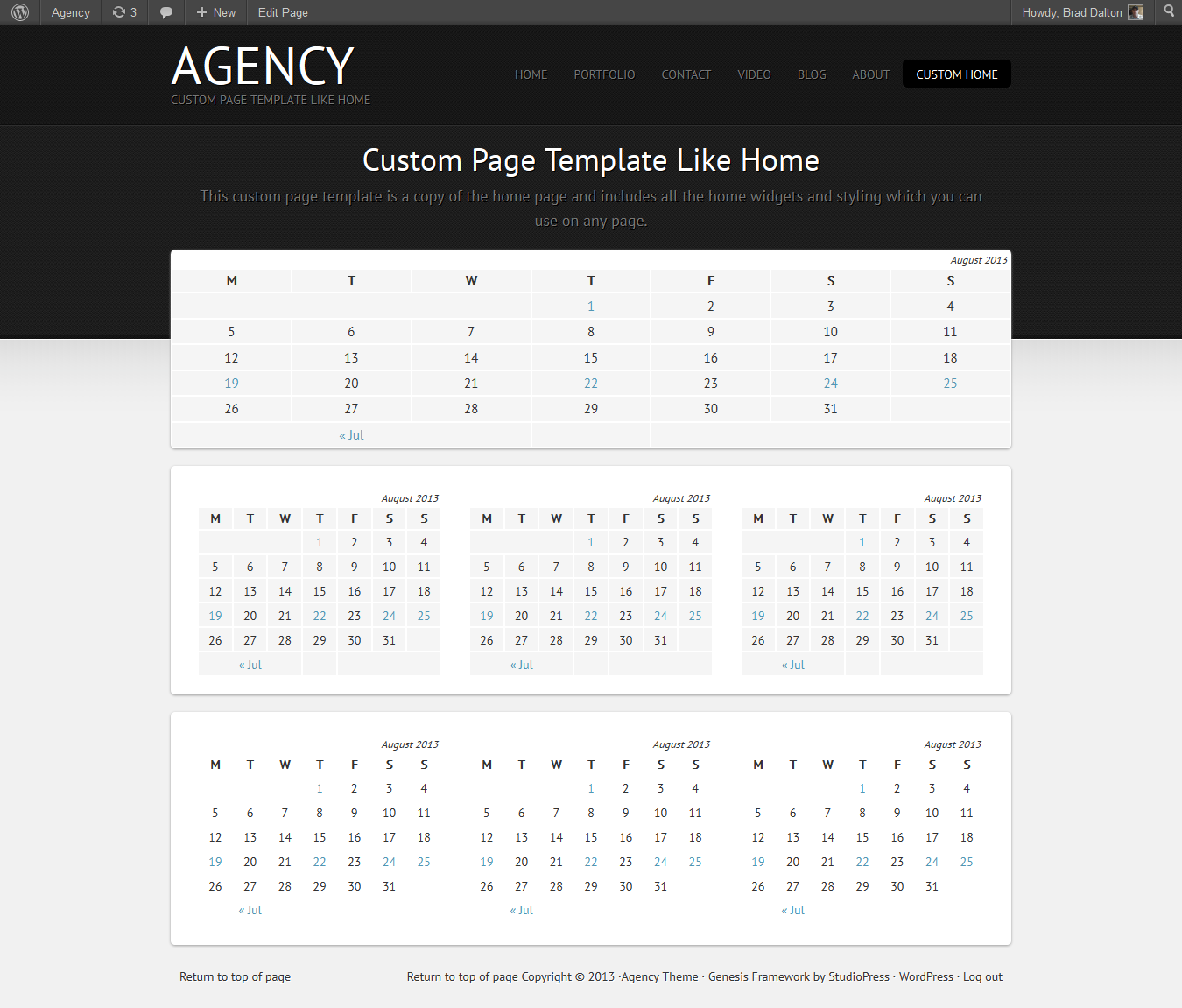 custom home page template for Agency theme