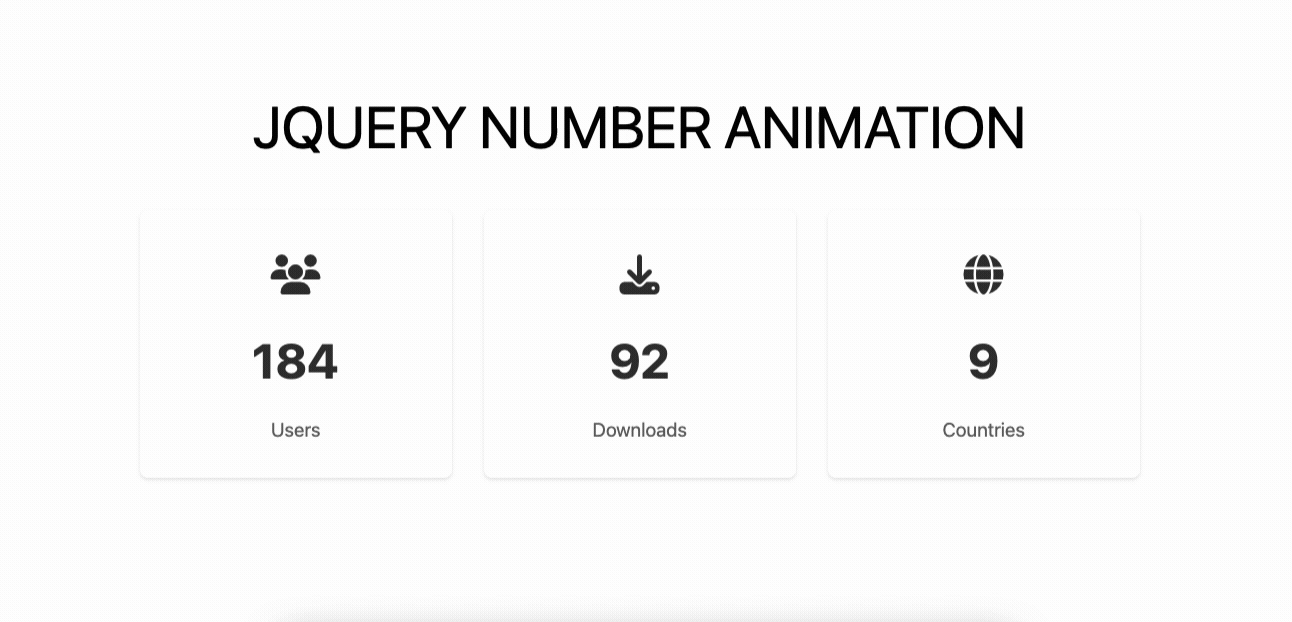 An animated display of counters showing 184 Users, 92 Downloads, and 9 Countries, with a title 'JQUERY NUMBER ANIMATION'.