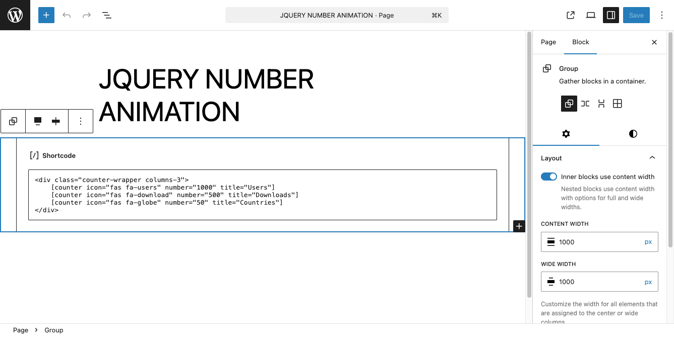 Screenshot of a WordPress editor interface showcasing the title 'JQUERY NUMBER ANIMATION' and a shortcode for animated number counters.