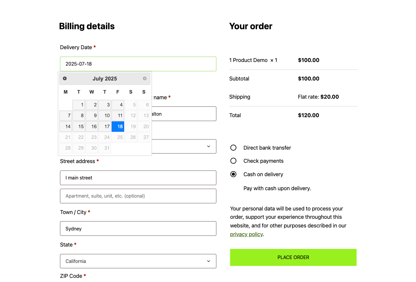 Screenshot of a WooCommerce classic checkout page showing delivery date picker, billing details, and order summary.