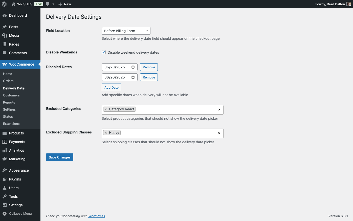 Screenshot of the Delivery Date Settings in WooCommerce, featuring options for field location, disabling weekends, specifying disabled dates, and excluding categories and shipping classes.