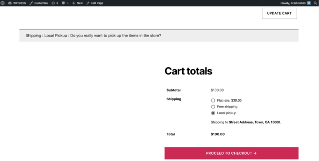 Cart Page Notice When Local Pickup Selected