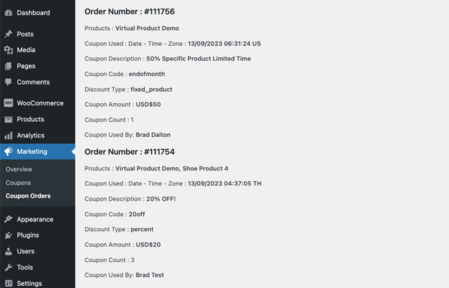 Coupon Marketing Data foreach Order in WooCommerce
