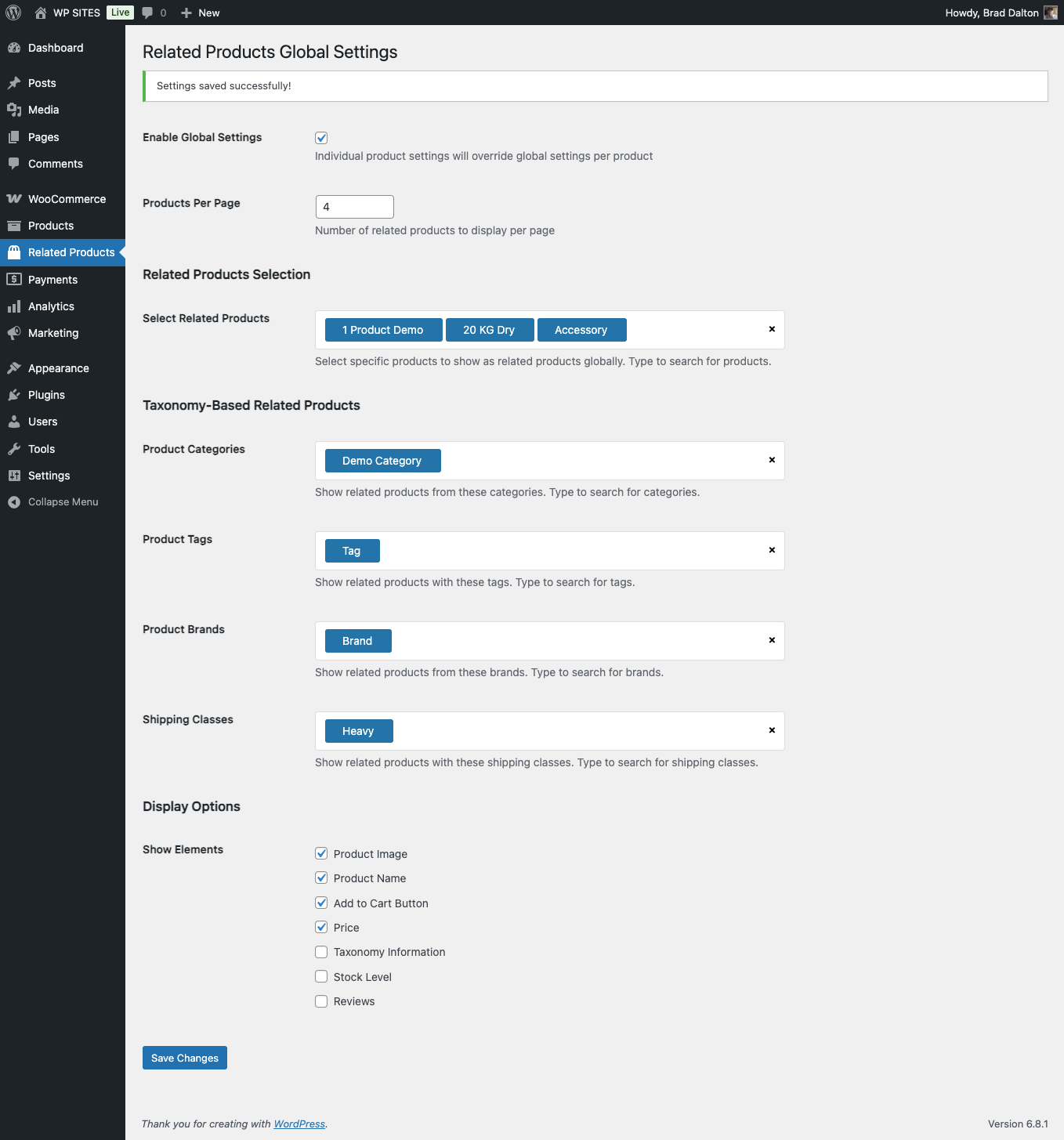 Screenshot of the WooCommerce Related Products Global Settings interface, showing options for enabling global settings, selecting related products, and configuring display options.