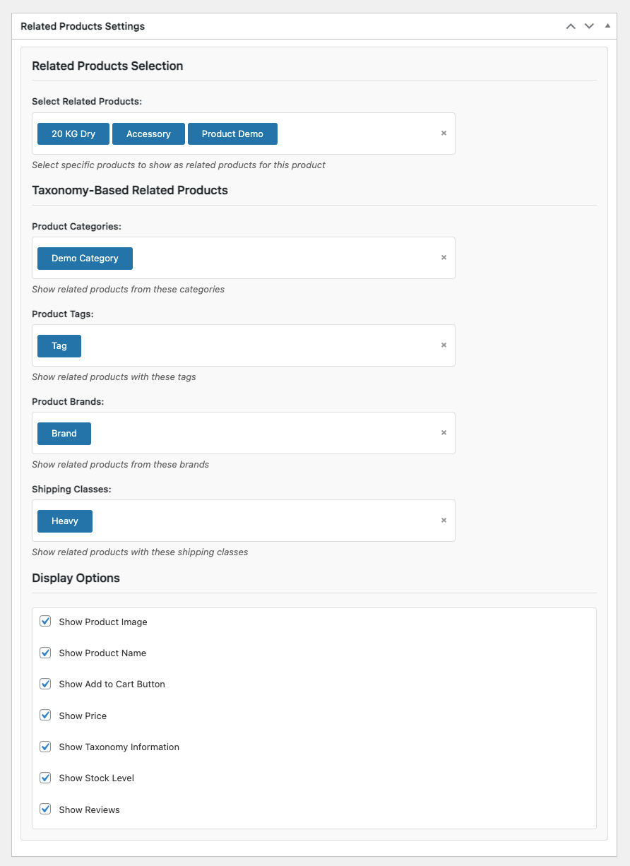 A screenshot of the 'Related Products Settings' section in WooCommerce, showing options to select specific related products, product categories, tags, brands, and shipping classes, along with display options like product image, name, price, and reviews.