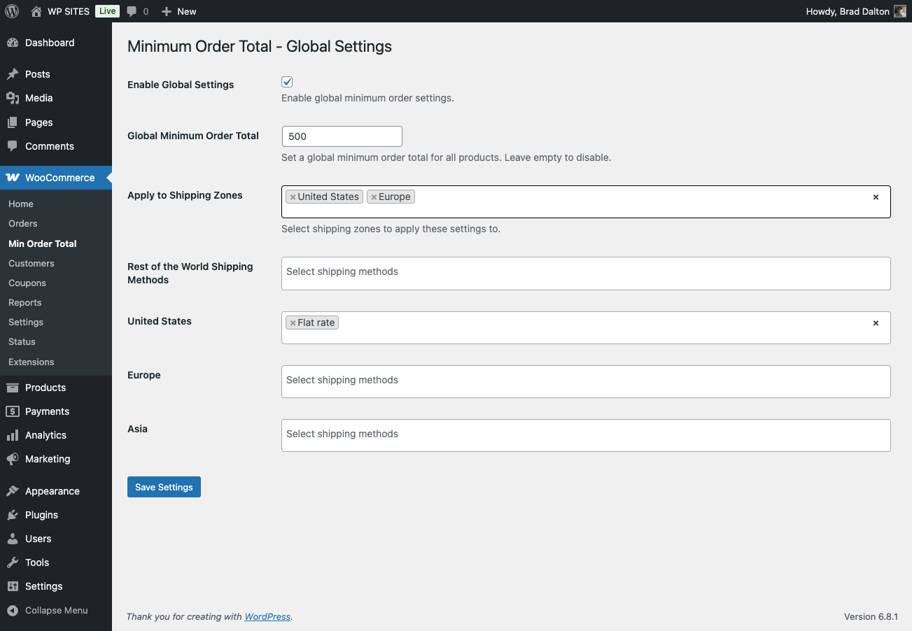 Screenshot of the WooCommerce Minimum Order Total plugin global settings interface, displaying options to enable global settings, set a minimum order total, and specify applicable shipping zones.