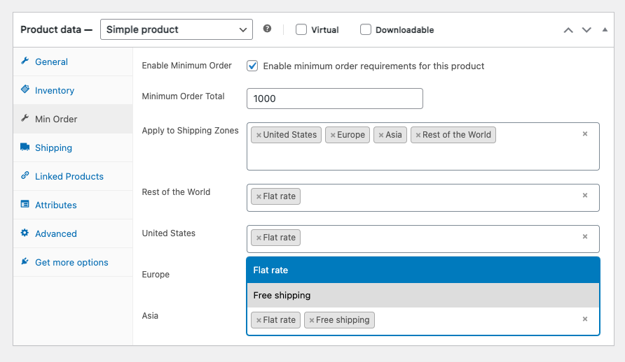Screenshot of the WooCommerce product settings interface showing options for minimum order requirements, shipping zones, and shipping methods.