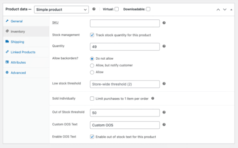 WooCommerce product inventory settings with fields for SKU, stock management, quantity, low stock threshold, out of stock threshold, and custom out of stock text.
