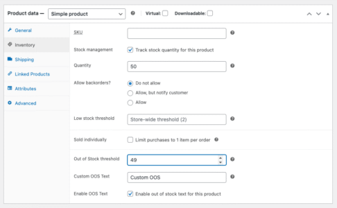 Screenshot of the WooCommerce product data settings for a simple product, showing inventory management options including quantity, out of stock threshold, and custom out of stock text settings.