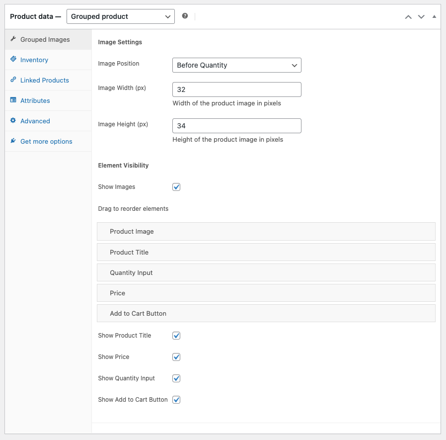 Settings page for grouped product image configuration in WooCommerce, featuring fields for image position, width, height, and element visibility options.