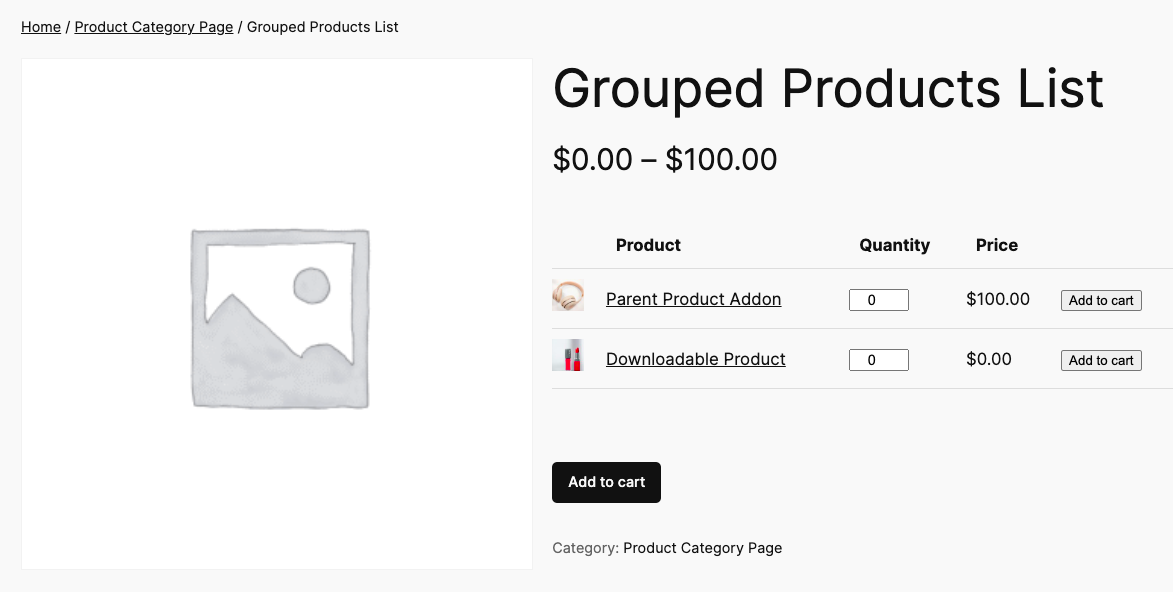 Grouped products list interface showing product images, prices, and quantity input fields.