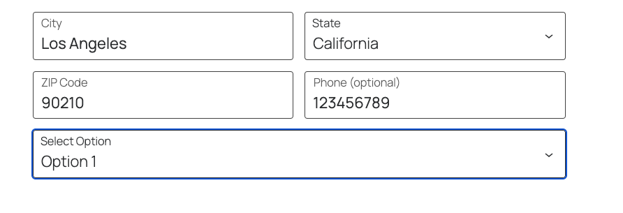 Checkout form displaying fields for City, State, ZIP Code, Phone, and a select option dropdown.