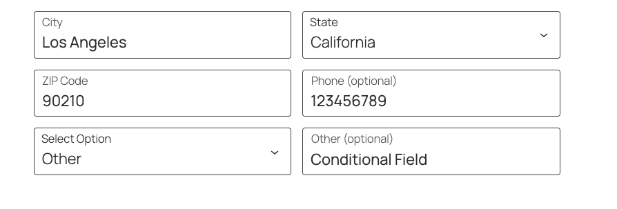Checkout page fields including City, State, ZIP Code, Phone number, and a conditional select field labeled 'Other'.