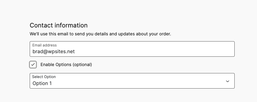 Screenshot of a contact information form with fields for email address, a checkbox labeled 'Enable Options (optional)', and a dropdown for selecting an option.
