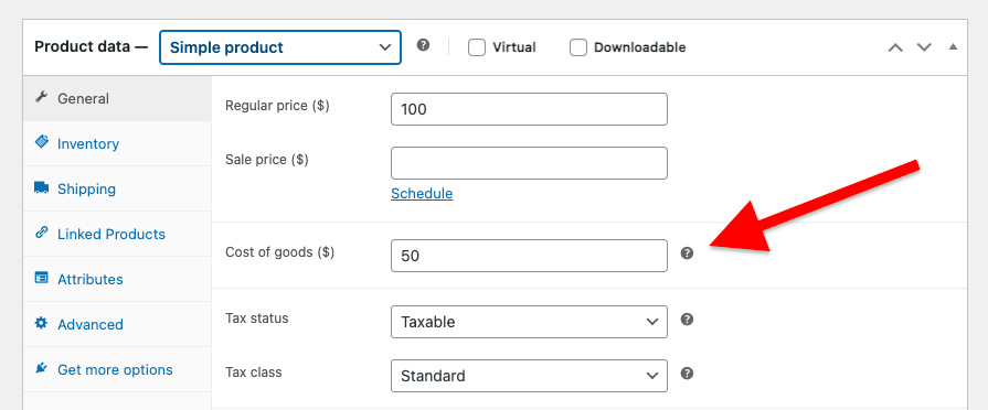 WooCommerce product data settings showing the 'Cost of goods' field for a simple product with a regular price set to $100 and a cost price of $50.