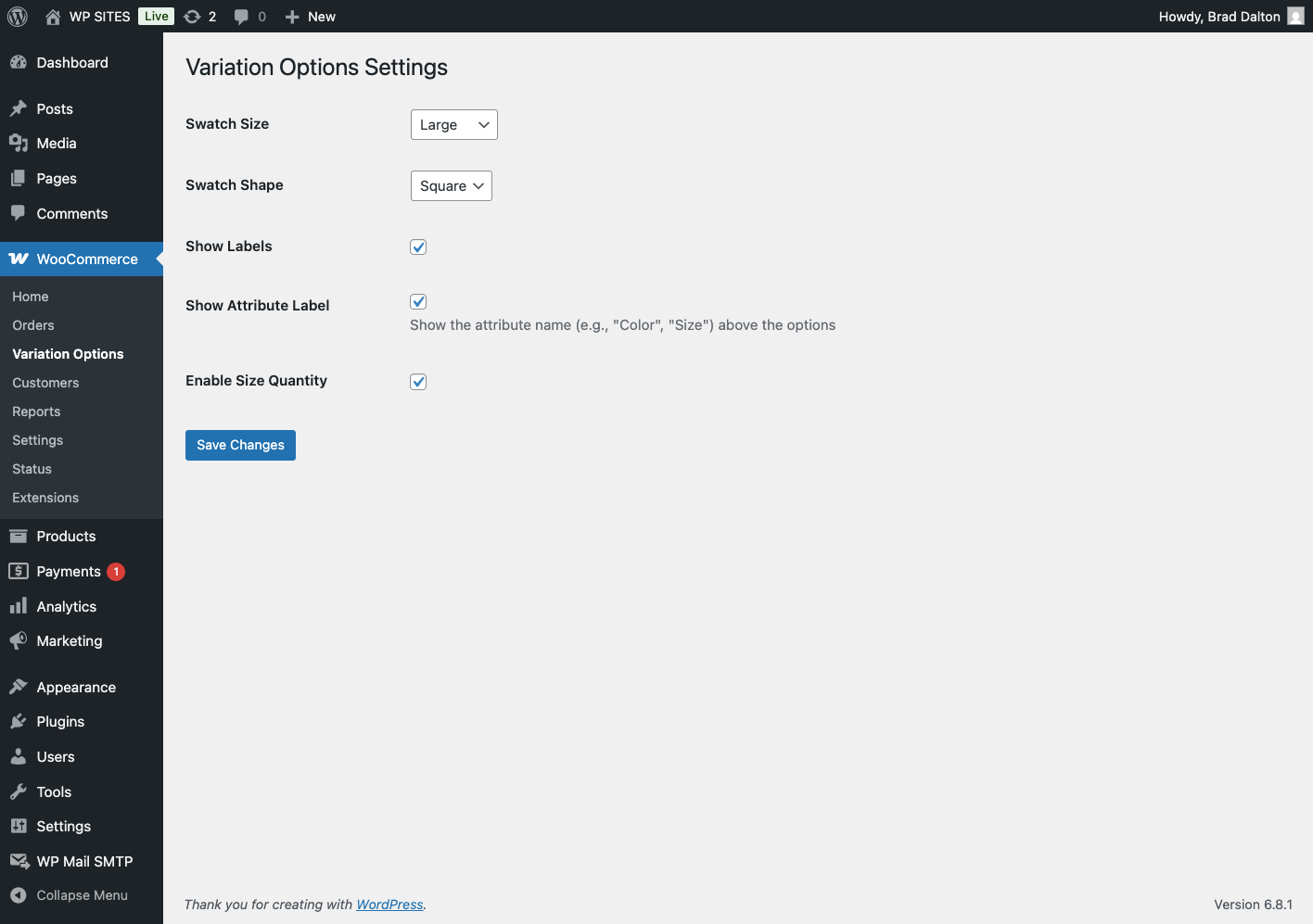 Settings menu for WooCommerce variation options with dropdowns for swatch size and shape, checkboxes for label visibility, and a button to save changes.