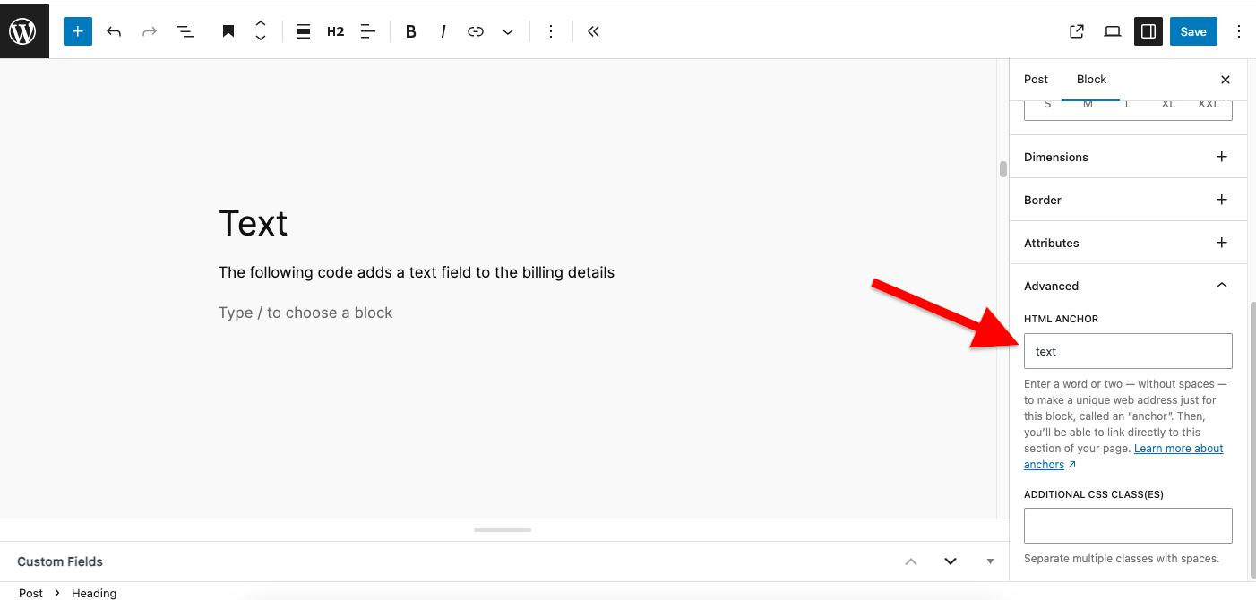 WordPress block editor interface showing a text block with an HTML anchor setting labeled 'text'.