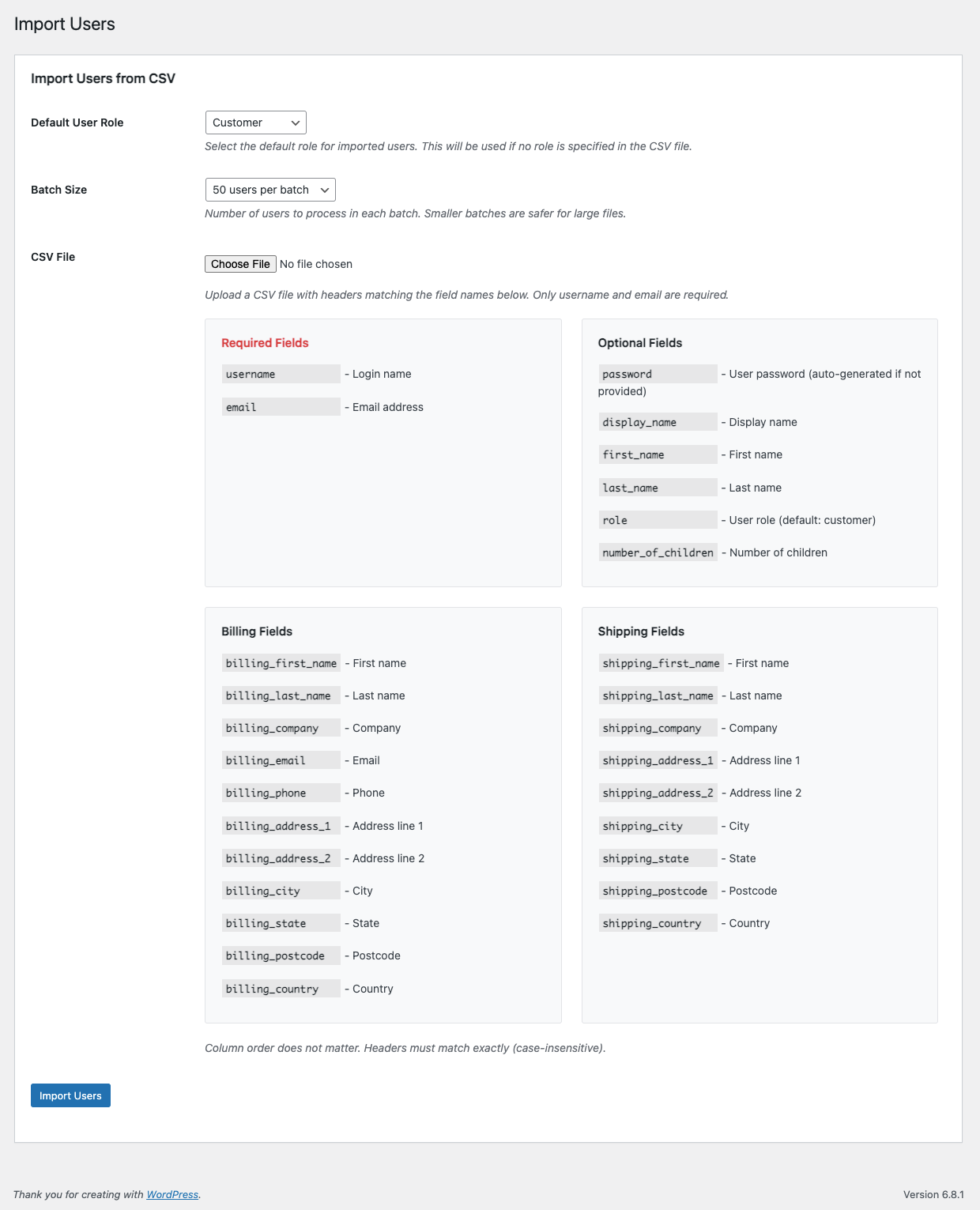 WordPress plugin interface for importing users from CSV files, featuring options for default user role, batch size, and required fields like username and email.