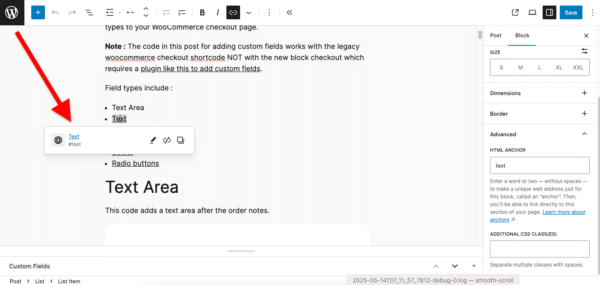 Screenshot of a WordPress editor interface showing a section for adding HTML anchors to text blocks.