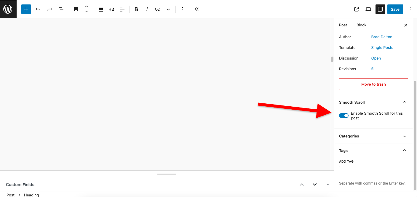 WordPress editor interface showing the option to enable Smooth Scroll for a post, with settings in the right sidebar.