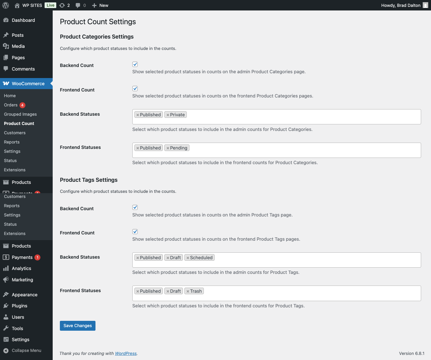 Screenshot of the WooCommerce Product Count Settings page, showing options for configuring product status counts for categories and tags.