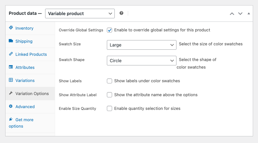 Product data settings for a variable product in WooCommerce, showing options to override global settings, select swatch size and shape, and enable features like labels and quantity selection.