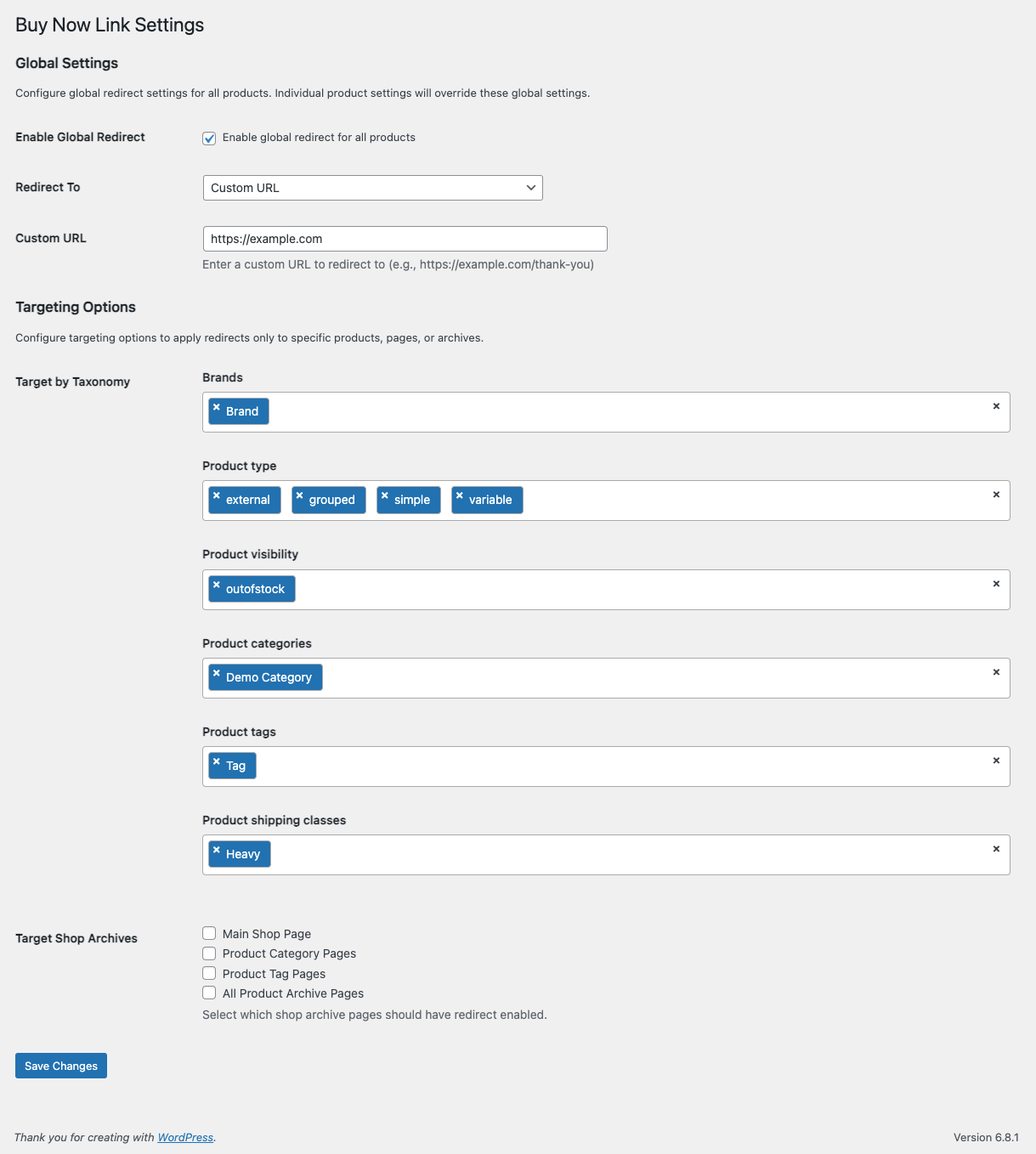 Screenshot of WooCommerce 'Buy Now Link Settings' interface, showing options for global settings, redirect URL, targeting options, and product categories.