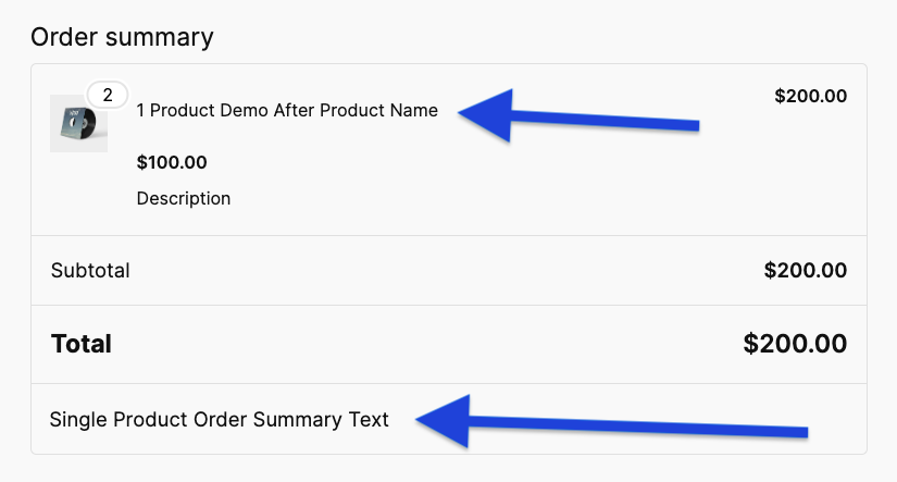 Order summary table showing product details, subtotal, and total amount with highlighted sections for product name and additional order summary text.