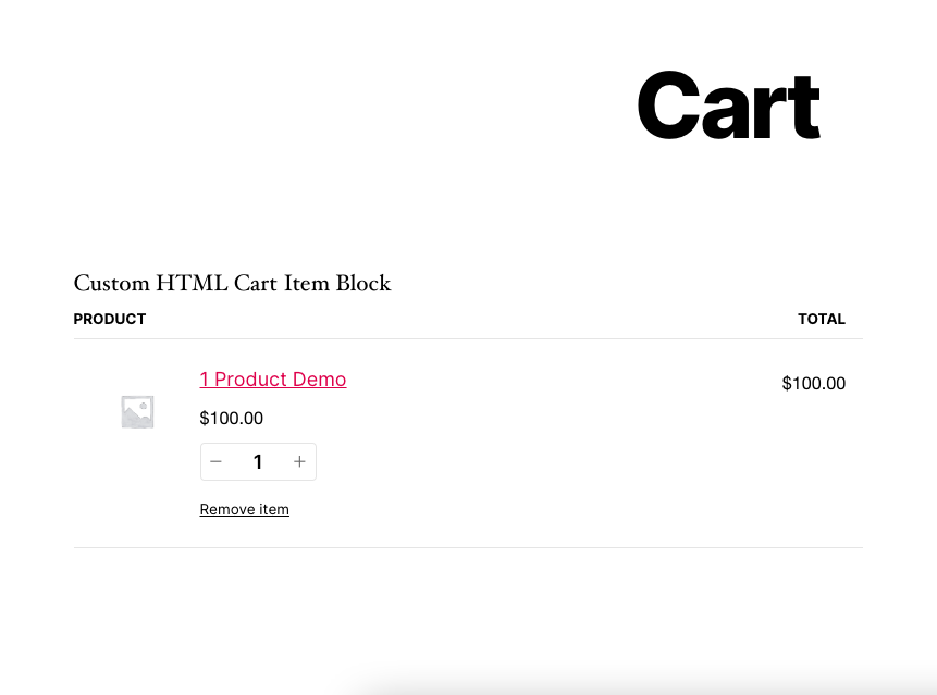 Cart page displaying a custom HTML cart item block with a single product demo, quantity selector, and total price.