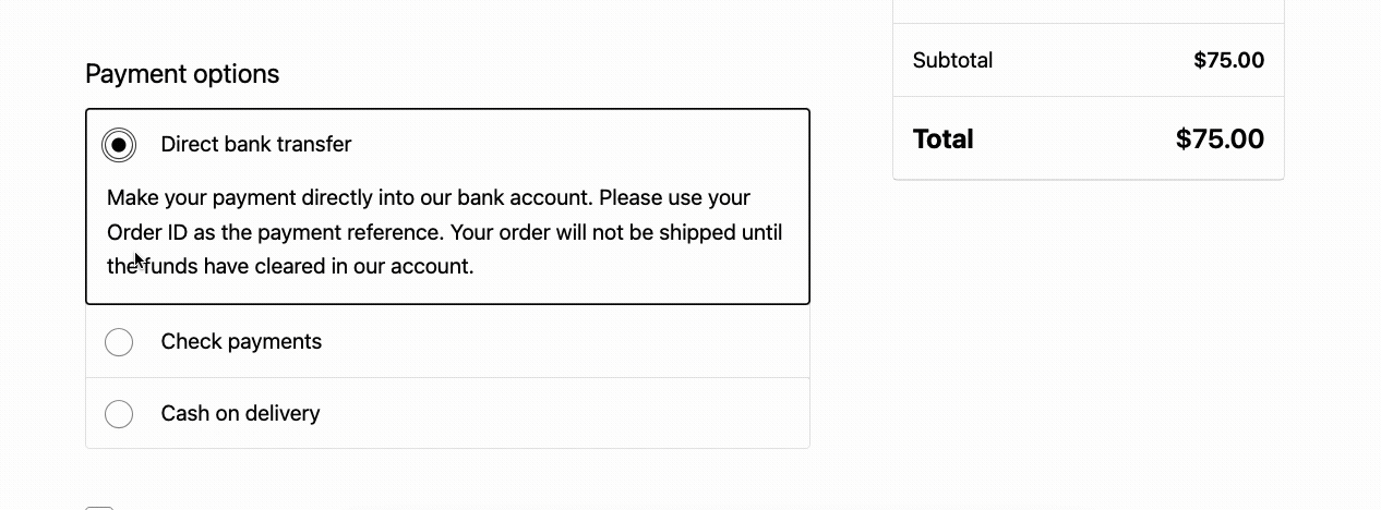 Payment options section on a checkout page, showing 'Direct bank transfer' details and additional payment method options including 'Check payments' and 'Cash on delivery'.