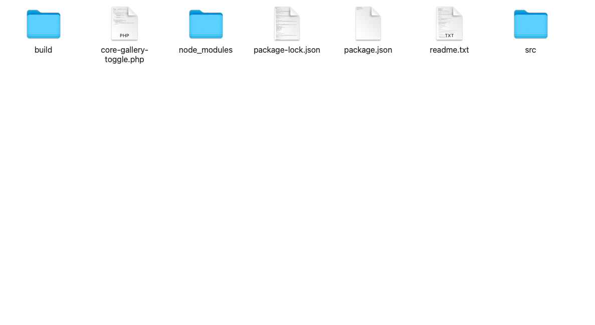 Image showing the contents of a plugin folder for core-gallery-toggle, including folders and files like build, core-gallery-toggle.php, node_modules, package-lock.json, package.json, readme.txt, and src.