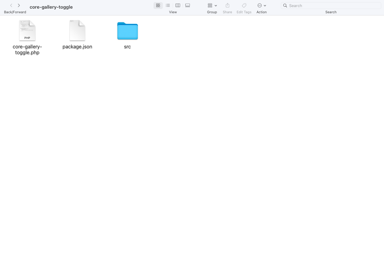 Screenshot showing the file structure of the 'core-gallery-toggle' plugin, including three files: 'core-gallery-toggle.php', 'package.json', and a folder named 'src'.