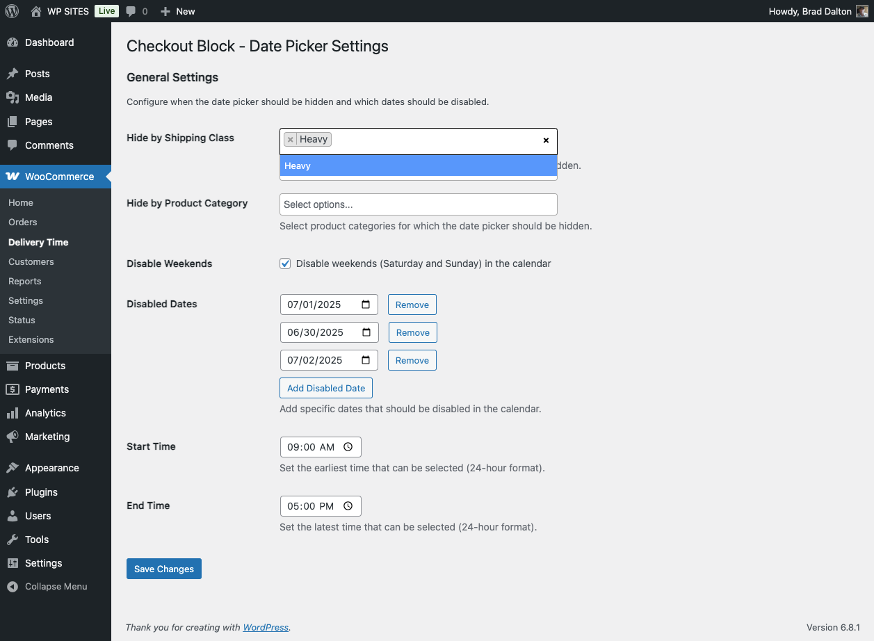 Screenshot of the Checkout Block Date Picker plugin settings page in WooCommerce, featuring options to hide the date picker by shipping class or product category, disable weekends, and add specific disabled dates.