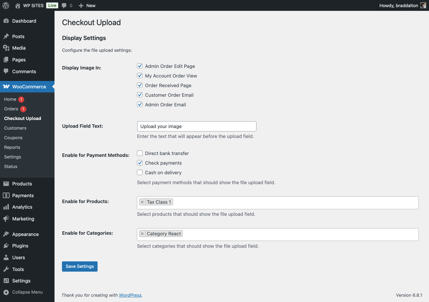 Screenshot of WooCommerce Checkout Upload settings, displaying options to configure the file upload field for different payment methods, products, and categories.
