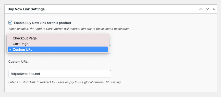 WooCommerce Buy Now Link Settings interface showing options to enable buy now link, redirect to checkout page, cart page, or custom URL.