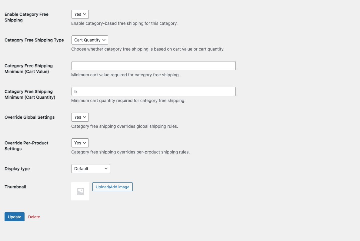 Configuration settings for category-based free shipping in WooCommerce, including options to enable free shipping, define minimum cart value and quantity thresholds, and override global and per-product settings.
