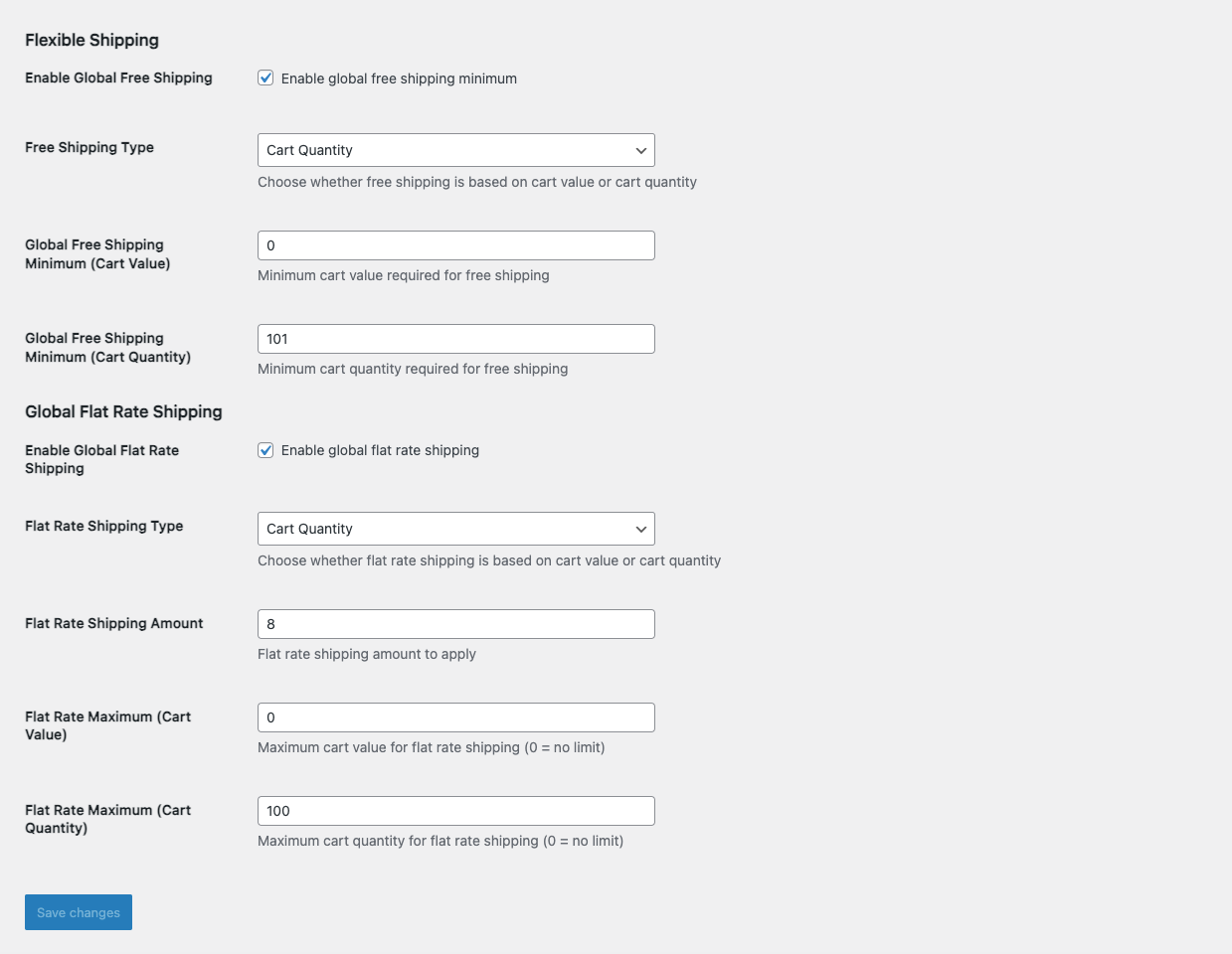 Screenshot of the Flexible Shipping plugin settings in WooCommerce, displaying options for enabling global free shipping and flat rate shipping, with fields for configuring minimums and amounts.