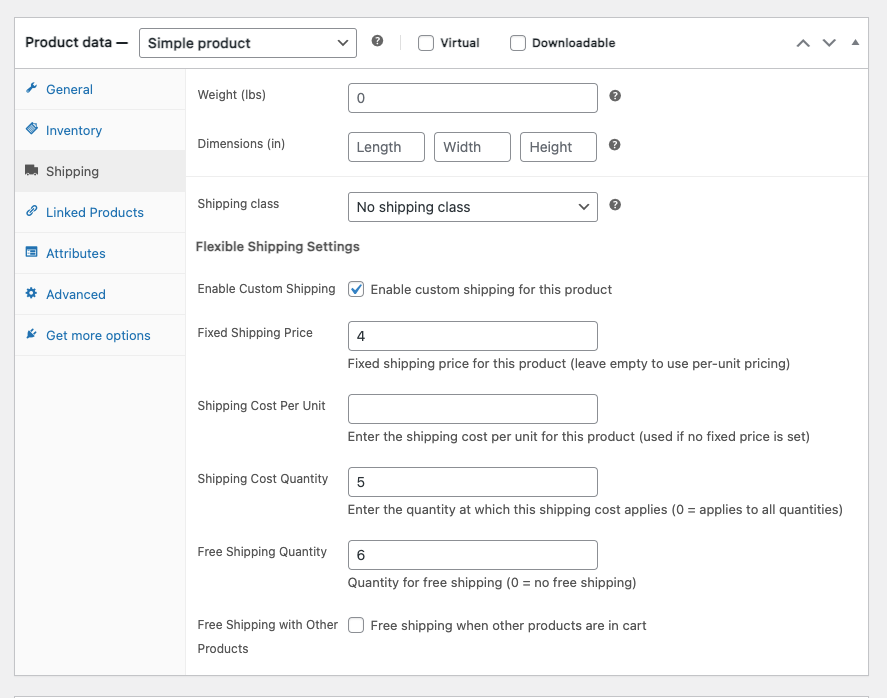 Screenshot of the WooCommerce product data settings, focusing on the shipping configuration for custom flexible shipping rules. It includes options for enabling custom shipping, setting fixed shipping price, shipping cost per unit, quantity thresholds for shipping costs, and free shipping options.