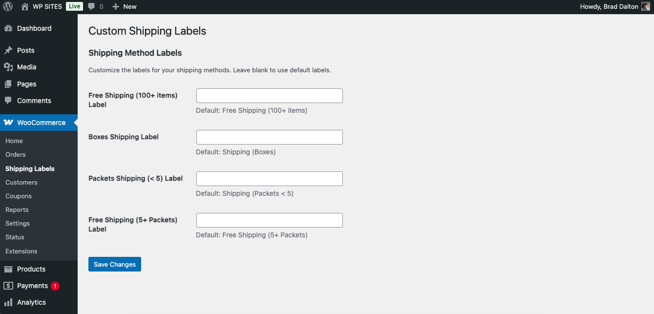 Screenshot of the WooCommerce Custom Shipping Labels settings page, displaying fields for customizing shipping method labels such as Free Shipping, Boxes Shipping, Packets Shipping, and Free Shipping for 5+ Packets.