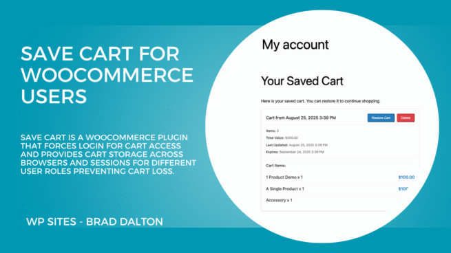 Save Cart is a Woocommerce plugin that forces login for cart access and provides cart storage across browsers and sessions for different user roles preventing cart loss.